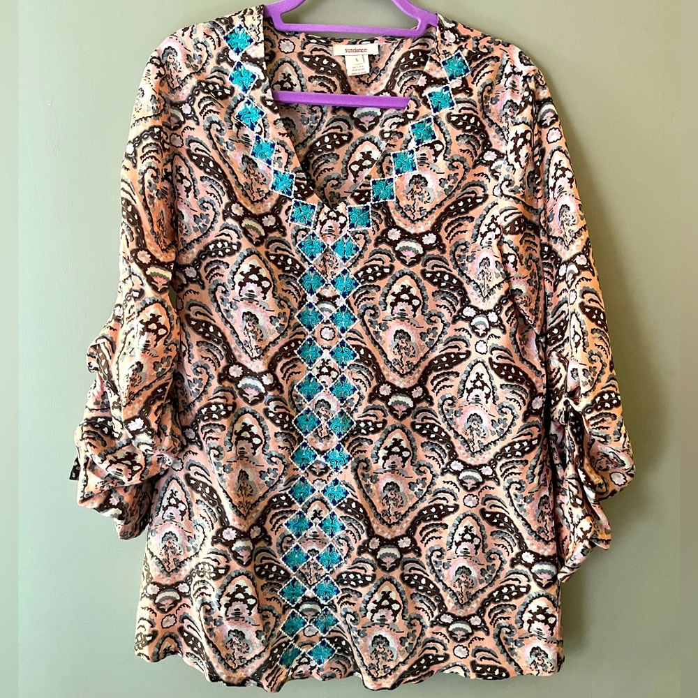 Sundance Womens Long Sleeve Embroidered Silk Blouse Size Large Boho  Light